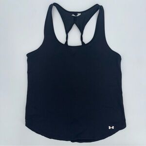 ⭐️ Under Armour Black Racerback Tank Top M Open Back Twist, Reflective Logo, Gym